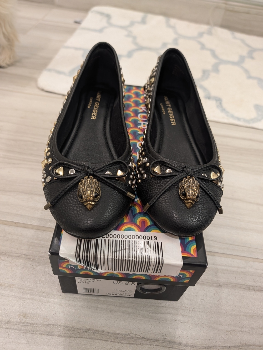 Kurt Geiger Black Leather Studded Ballet Flats with Gold Trim. 8.5